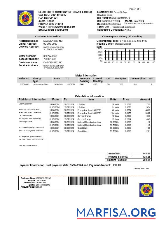 Downloadable Ghana Electricity Company of Ghana business utility bill template in Word and PDF formats